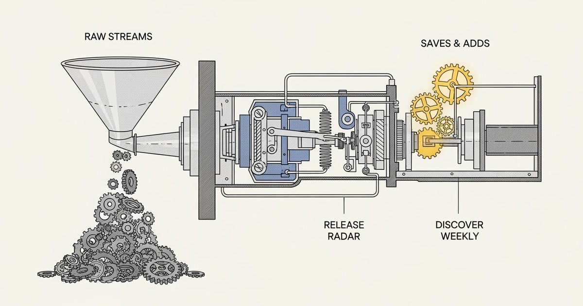 A detailed scientific illustration depicting the inner workings of the Spotify algorithm as a complex, elegant machine.