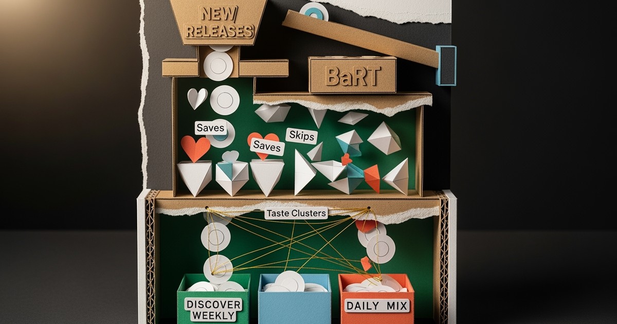 A complex paper-craft diorama showing a sorting machine made of colored cardstock, where paper discs representing songs flow through