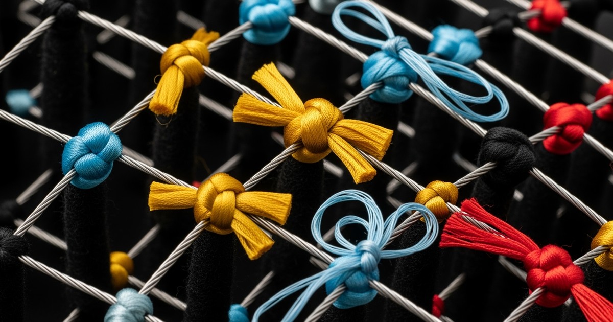 Close-up of a woven textile art piece where gold knots, blue loops, and cut red threads represent Spotify user listening habits like saves