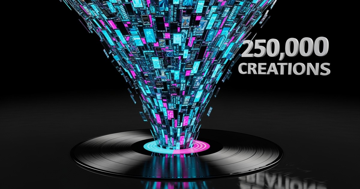 A glowing tornado of thousands of tiny neon glass screens spirals upward from a vinyl record, featuring floating text '250,000 CREATIONS'