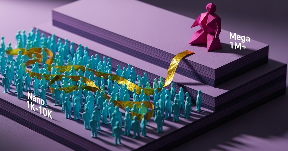 Isometric paper craft scene showing a swarm of tiny cyan figures connected by a gold foil ribbon below a solitary giant magenta figure.