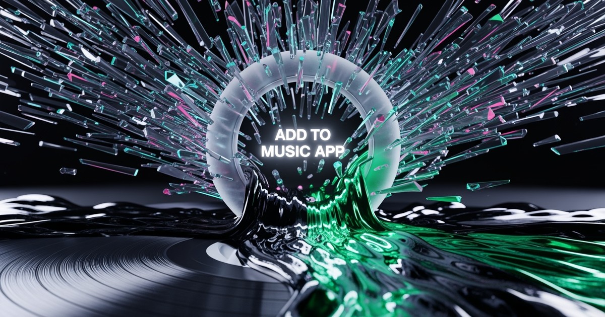 Surreal 3D artwork showing chaotic cyan and pink glass shards flowing through a lens and transforming into a smooth, solid vinyl stream.