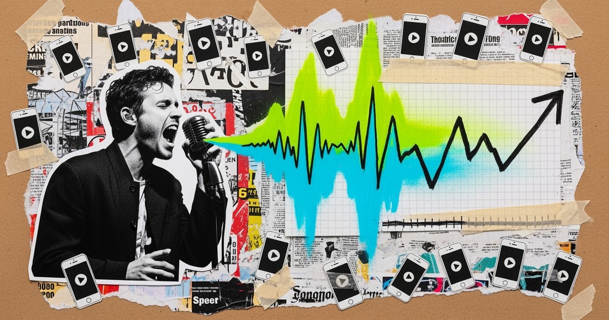 Mixed-media collage featuring a black-and-white cutout of a singer with spray-painted sound waves turning into a rising growth chart on