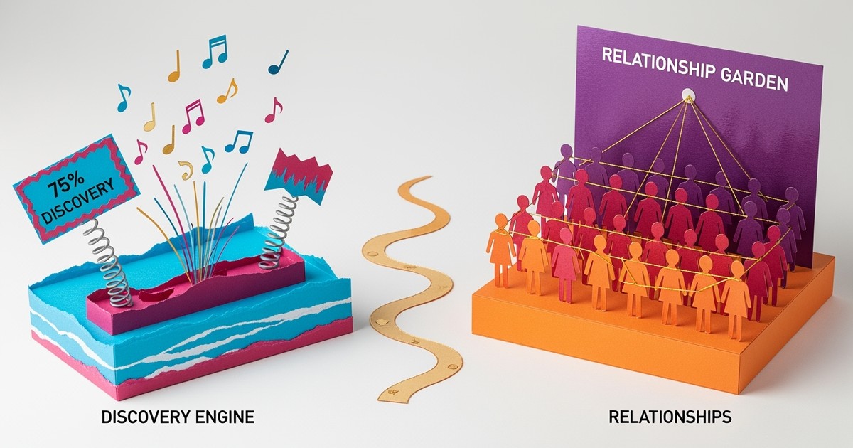 A split-screen paper craft diorama showing a chaotic neon side labeled 75% DISCOVERY and a neat glossy side labeled RELATIONSHIPS.