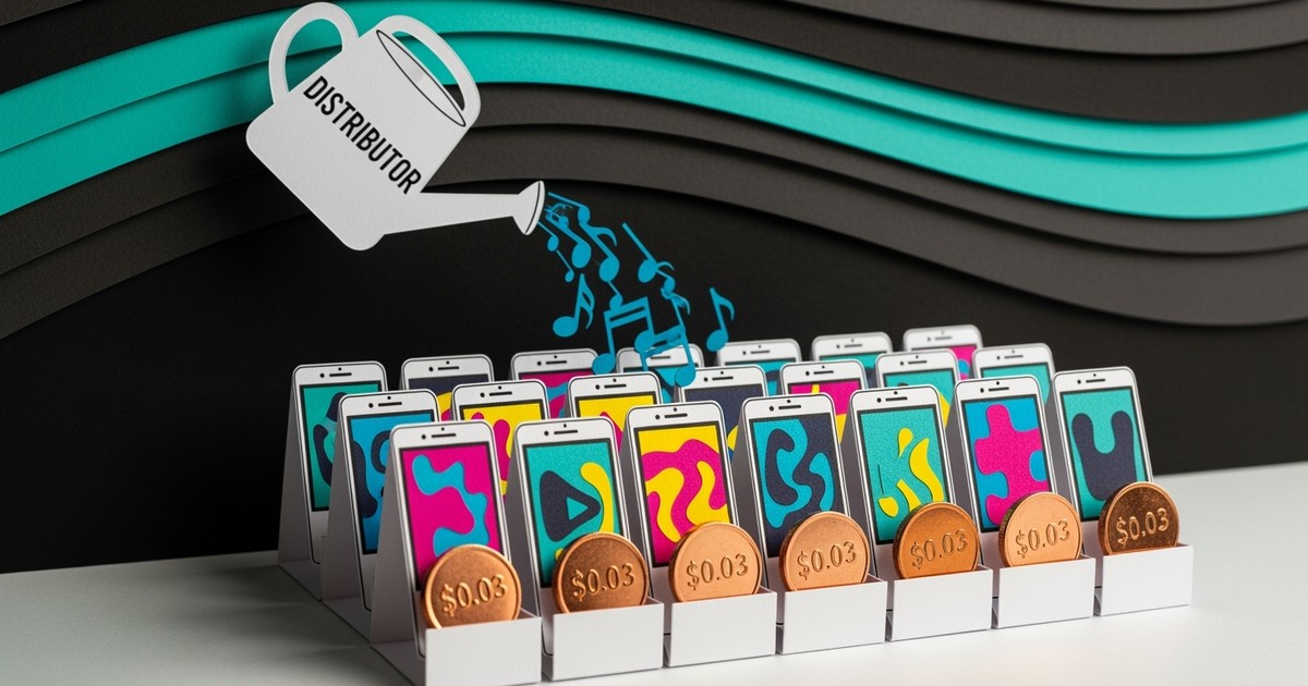 Paper craft illustration of a music royalty garden where paper smartphones bloom with $0.03 coins, watered by a distributor can.