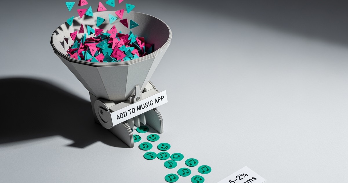 A detailed paper craft sculpture showing a funnel filtering many cyan and magenta play icons into a few green musical note tokens.