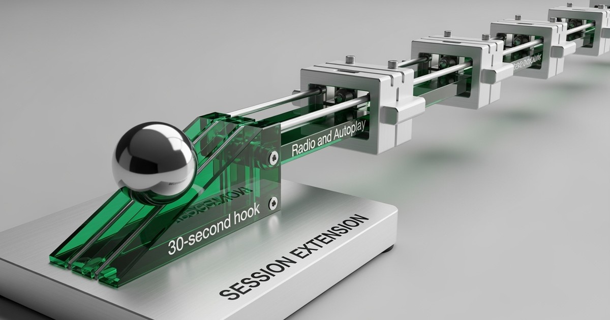 A 3D render of a kinetic sculpture featuring a chrome sphere rolling along a modular, infinite track being built in real-time by mechanical