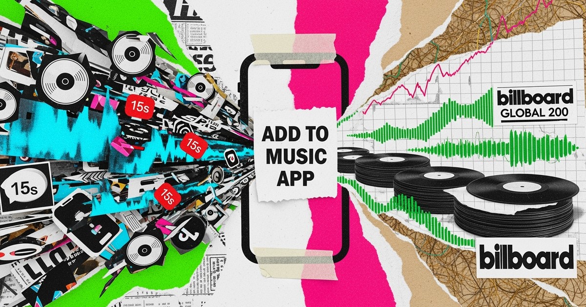 A mixed-media collage featuring a central Add to Music App button bridging chaotic TikTok interface elements and orderly vinyl records.