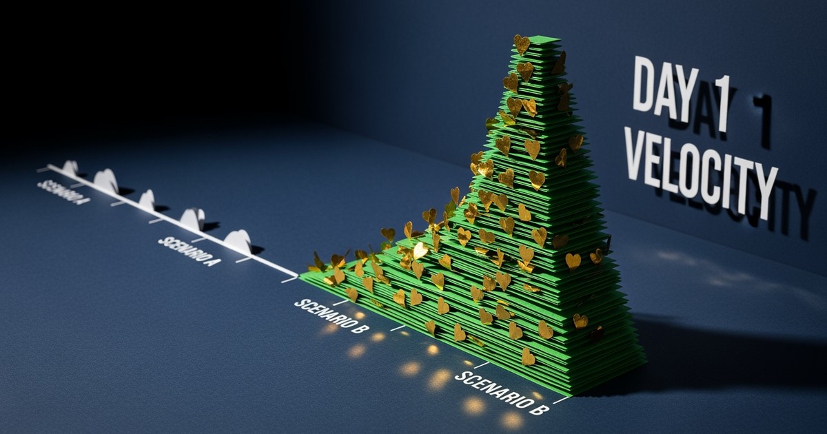 Paper craft diorama of a dramatic green graph spike rising from a flat blue timeline, representing Spotify streaming velocity.