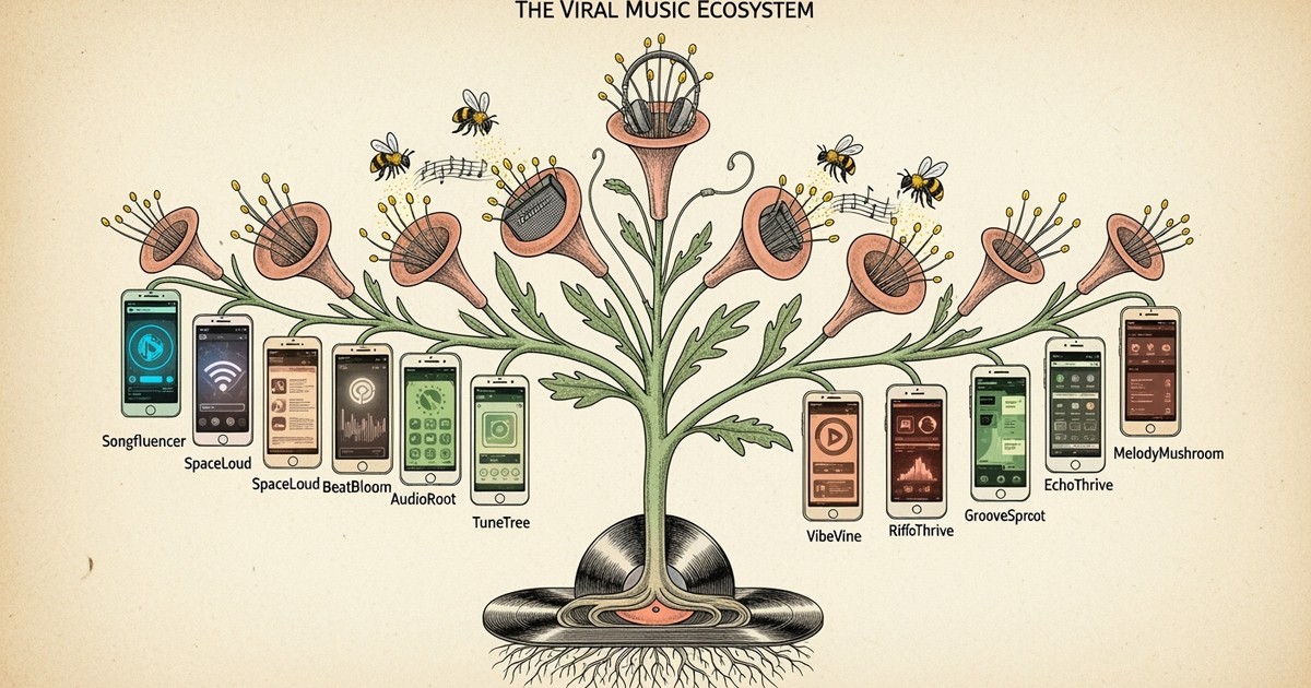 A vintage botanical illustration on aged paper shows a surreal plant with smartphone-shaped leaves and mechanical hummingbirds pollinating