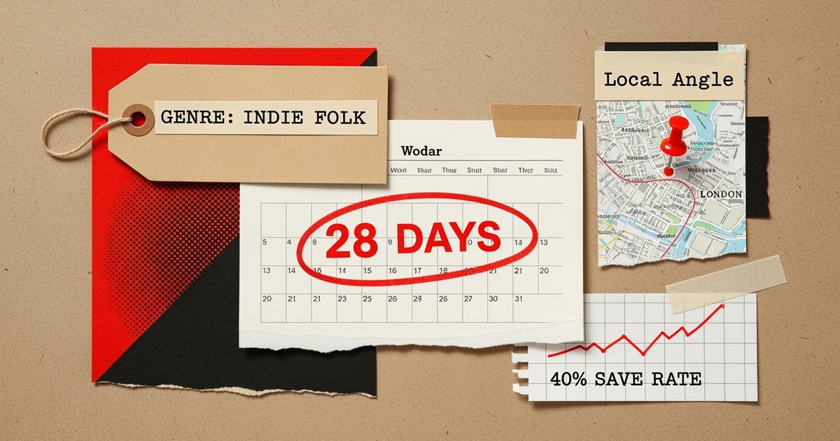 A mixed-media collage featuring a calendar marked '28 Days', a shipping tag reading 'Genre: Indie', and a map of London.