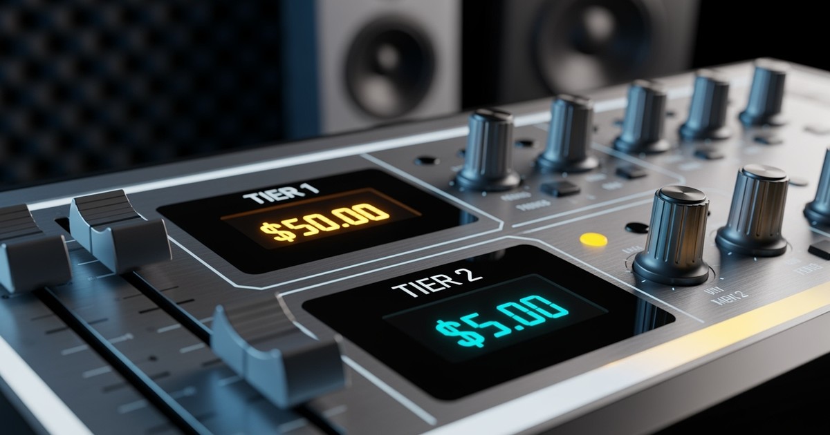 Macro 3D render of a futuristic audio mixing console with faders set to different heights, displaying digital values $50.00 and $5.00.
