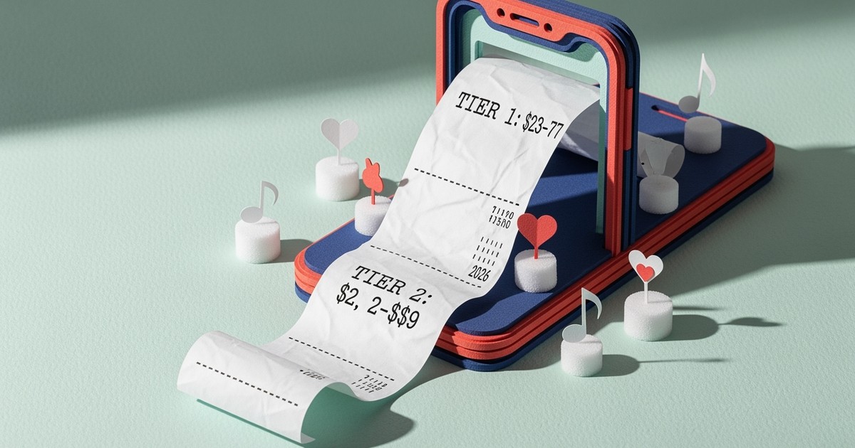 A paper-craft smartphone illustration with a receipt spilling out showing Tier 1 and Tier 2 CPM costs for music ads.