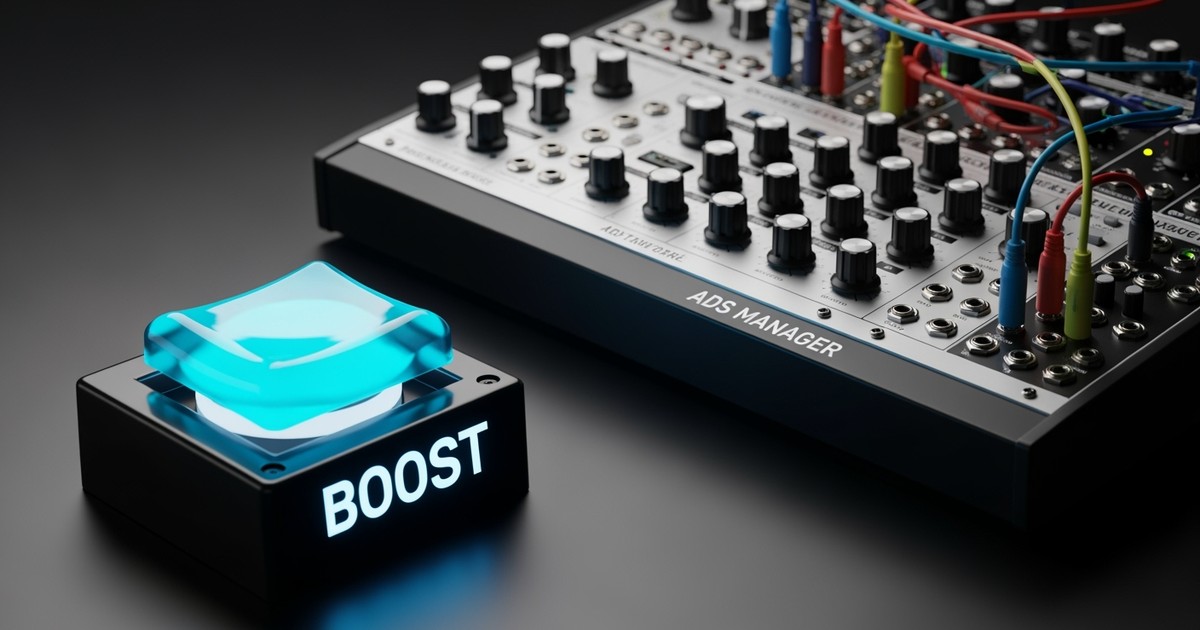 A glowing blue button labeled BOOST sits beside a complex professional synthesizer panel with sliders and patch cables on a dark desk.