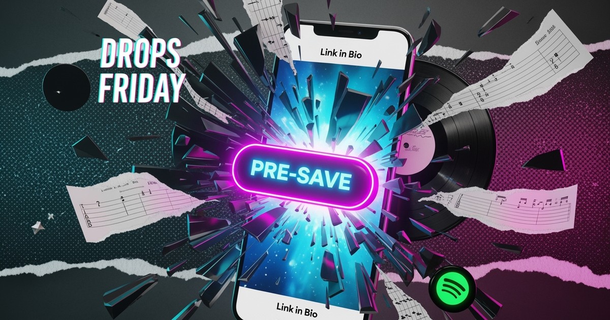 A dynamic mixed-media collage showing a smartphone screen bursting with vinyl records and sheet music, symbolizing the rewards of a music