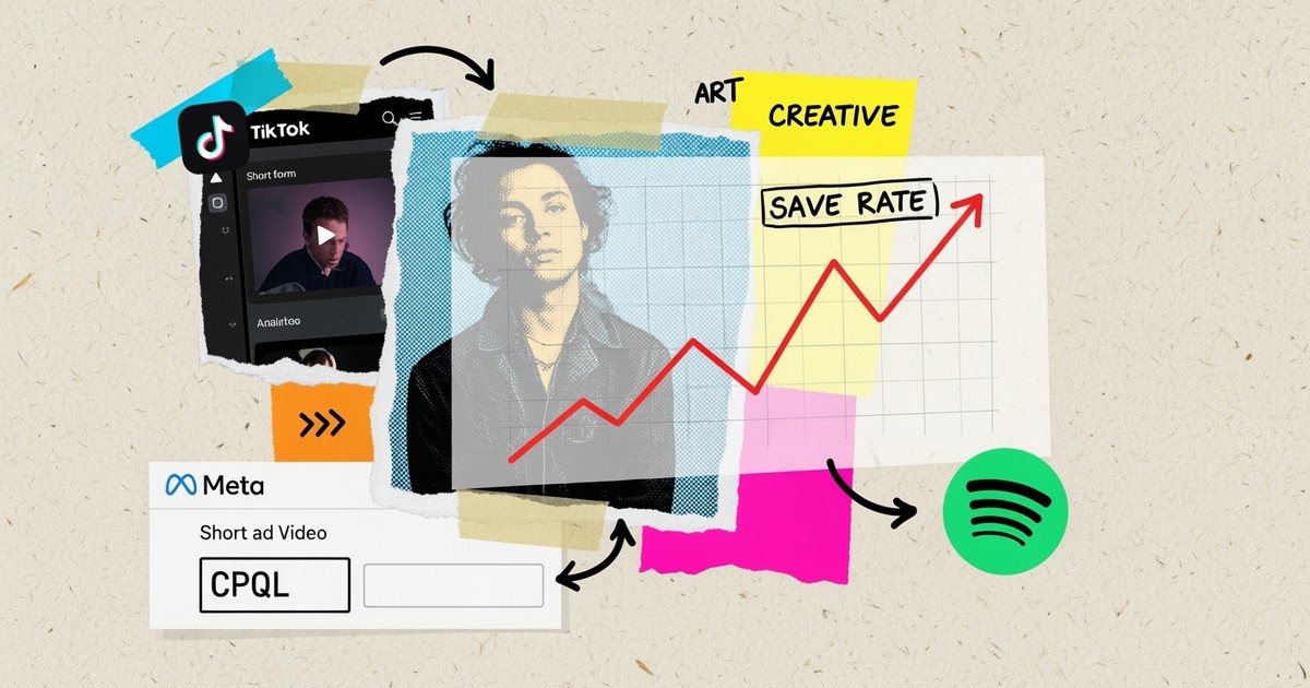 A mixed-media collage showing a black-and-white singer layered with colorful data charts, tape, and interface snippets like 'Save Rate'.