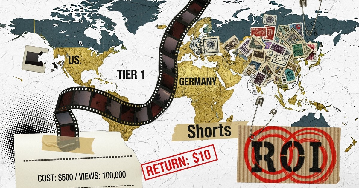 A gritty mixed-media collage featuring torn maps, shredded receipts showing high costs versus low revenue, and taped-together film strips