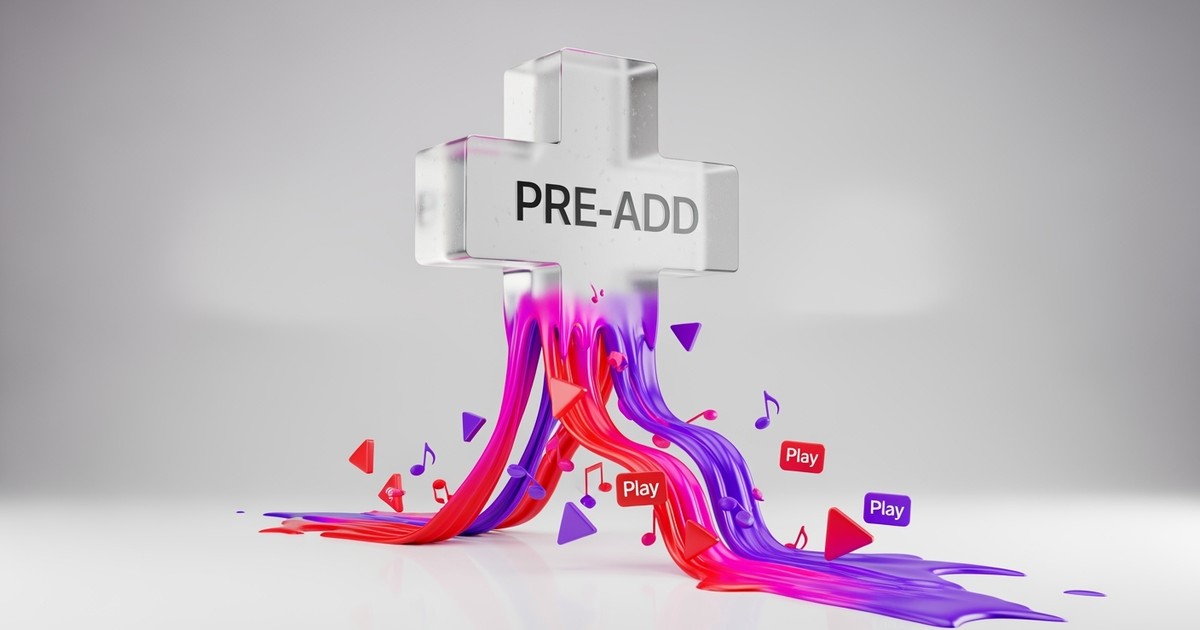 A 3D render of a glass plus sign melting into vibrant pink liquid sound waves, symbolizing music pre-adds converting into active streams.