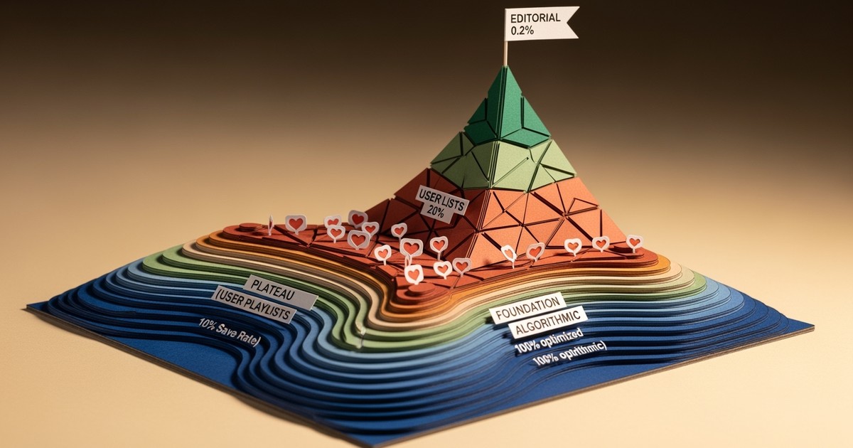 A layered paper craft illustration showing playlist types as a topographic map, with a narrow emerald peak labeled Editorial 0.2% and a