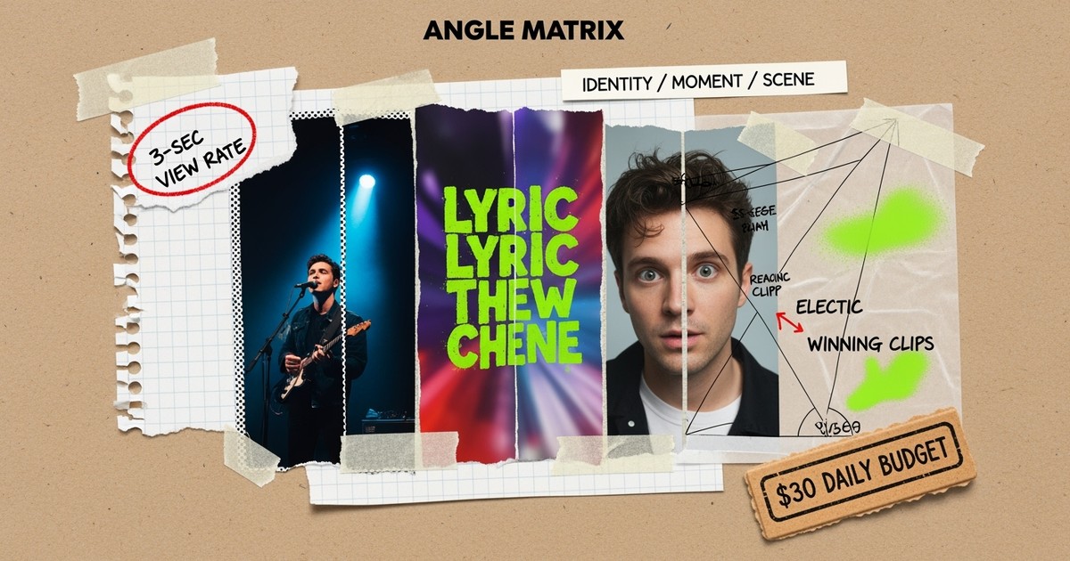 A mixed-media collage showing a musician's portrait sliced into vertical strips, surrounded by handwritten ad metrics and testing angles on