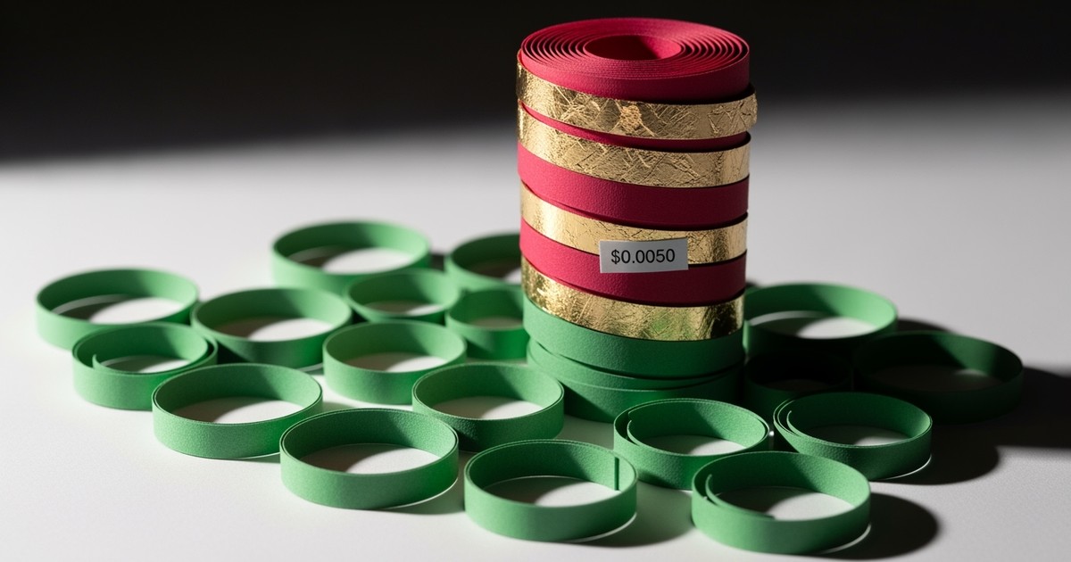 Dimensional paper art showing a towering crimson and gold structure representing Apple Music royalties rising above a flat green field.