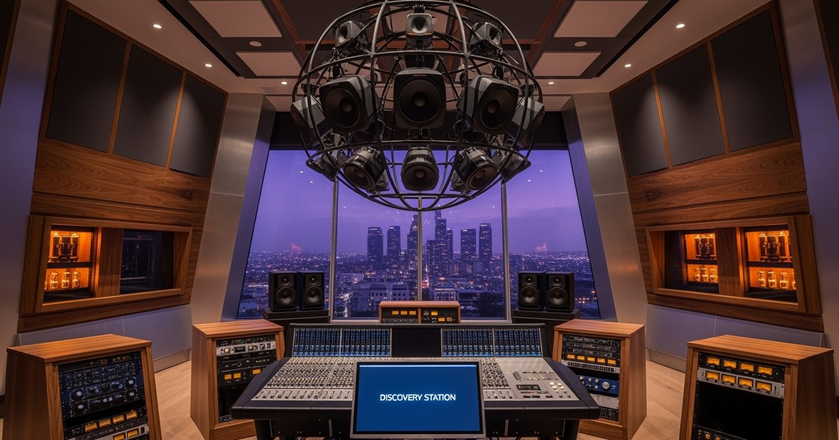 Wide cinematic interior shot of the new 15,000-square-foot Apple Music studio hub in Los Angeles, featuring spatial audio speakers and city