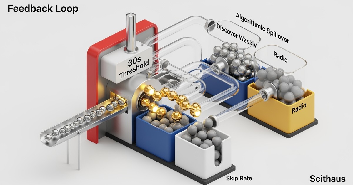 A Bauhaus-style 3D kinetic sculpture featuring gold spheres rolling through a mechanical gate labeled 30s Threshold, visualizing Spotify