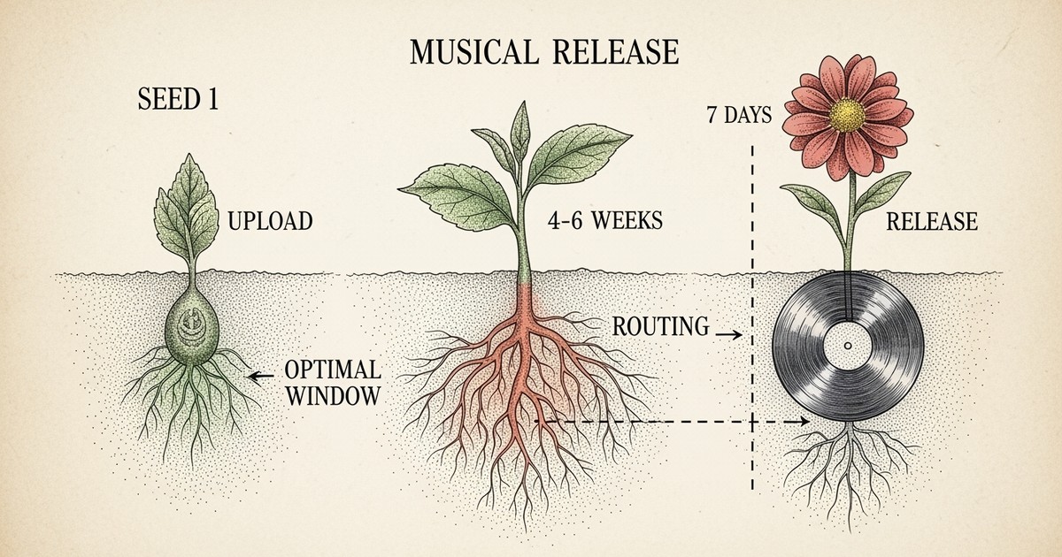 Vintage scientific illustration showing a plant's growth cycle as a metaphor for music release timing, with roots representing the 4-6 week