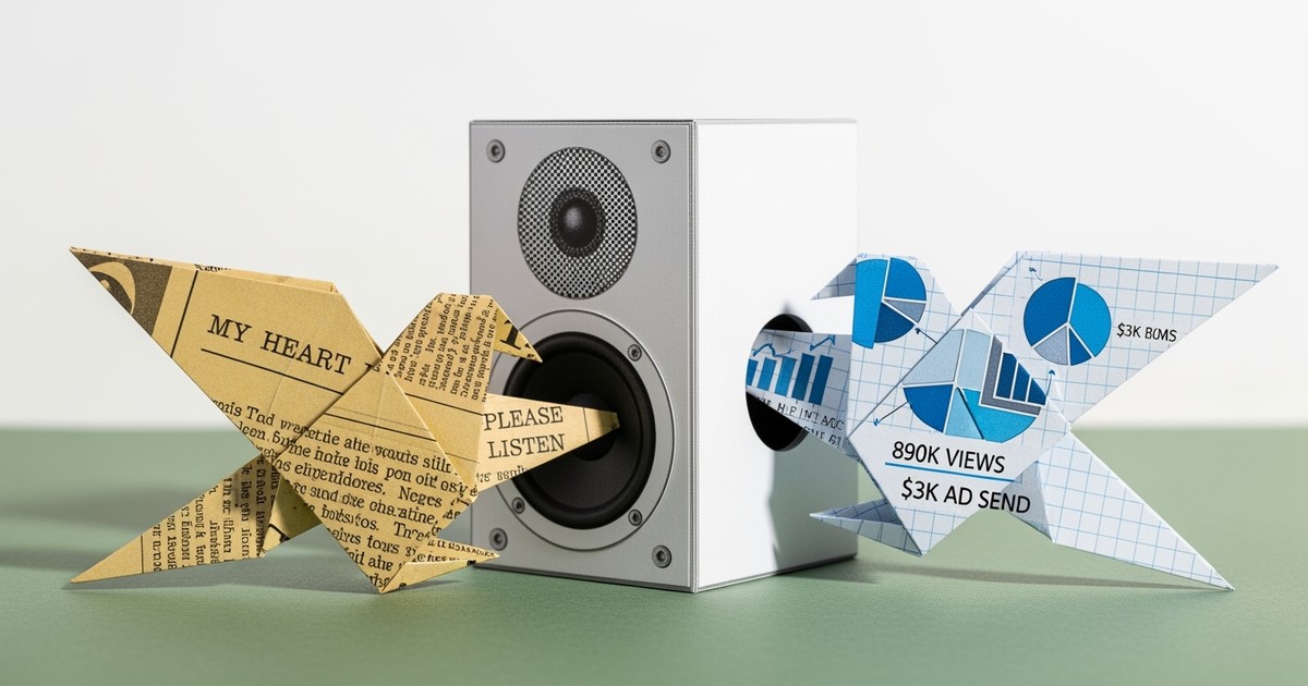 Photorealistic paper craft diorama showing a crumpled newspaper bird stuck at a speaker-box entrance while a sleek graph-paper bird glides