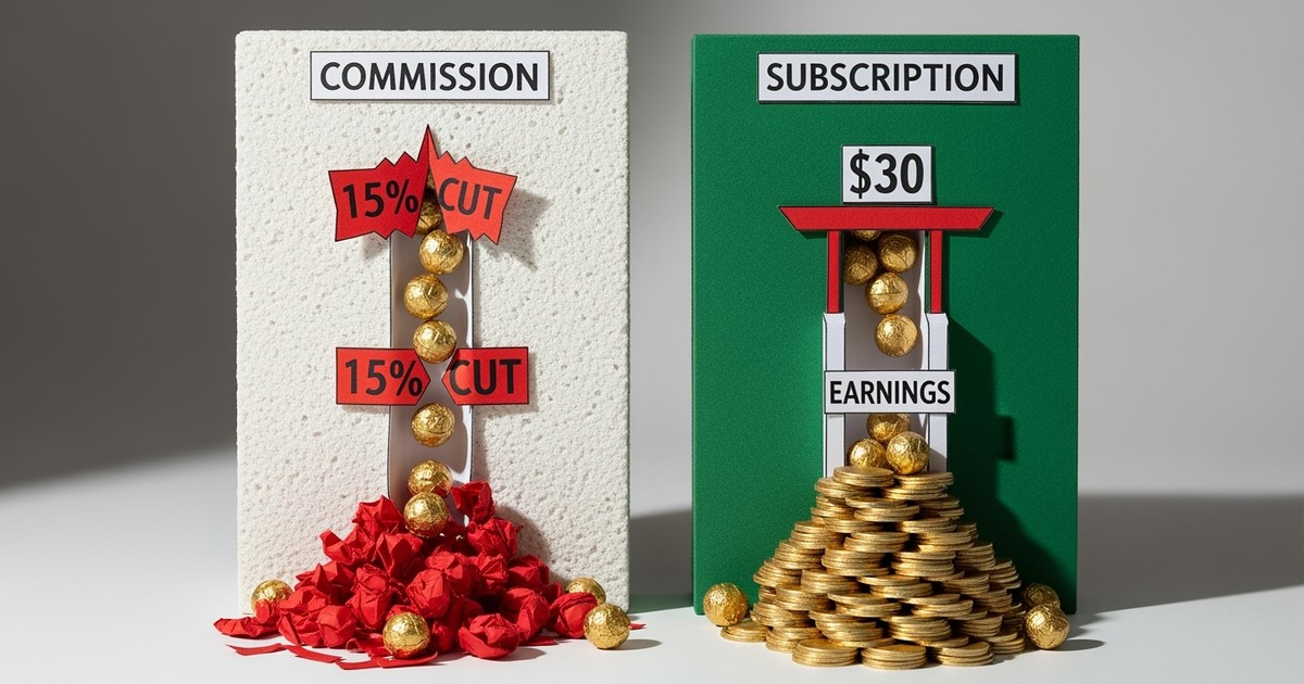A tactile paper-craft illustration of two distribution chutes; the left 'Free' chute leaks 15% of its gold paper spheres through holes,