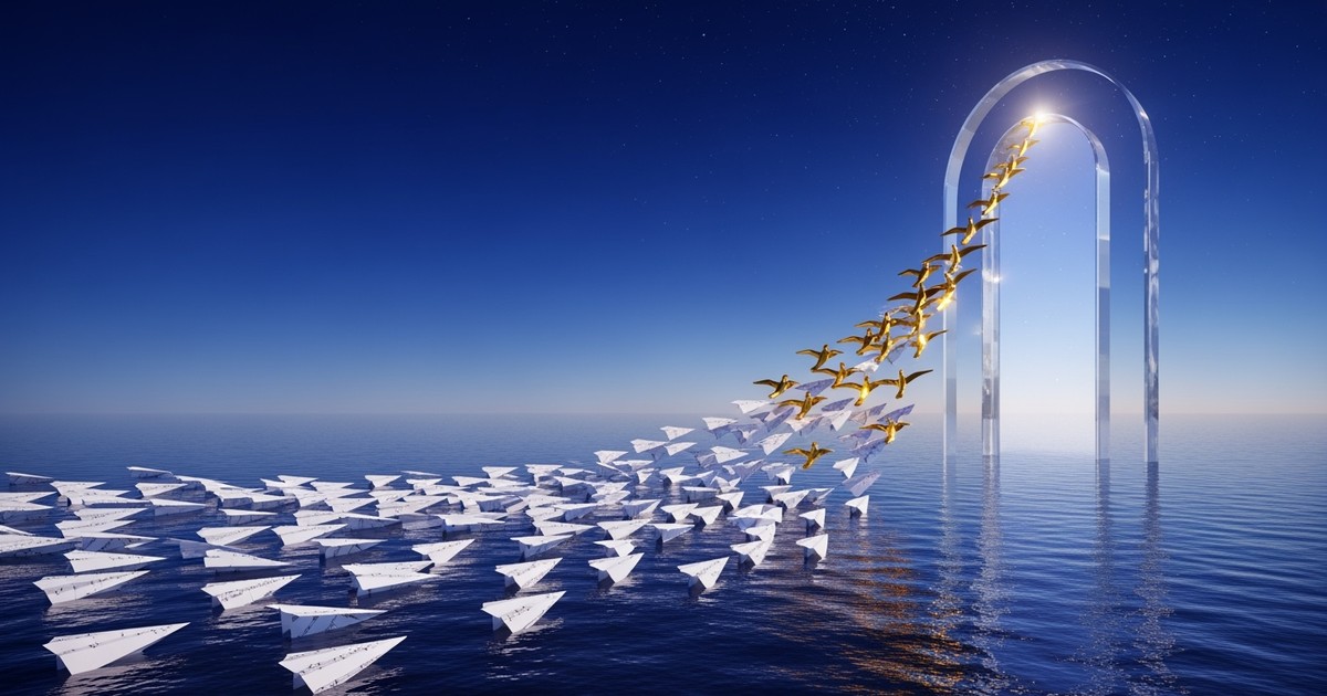 A surreal digital painting of folded sheet-music airplanes approaching a glowing archway in the ocean; most drift on the water, while a few