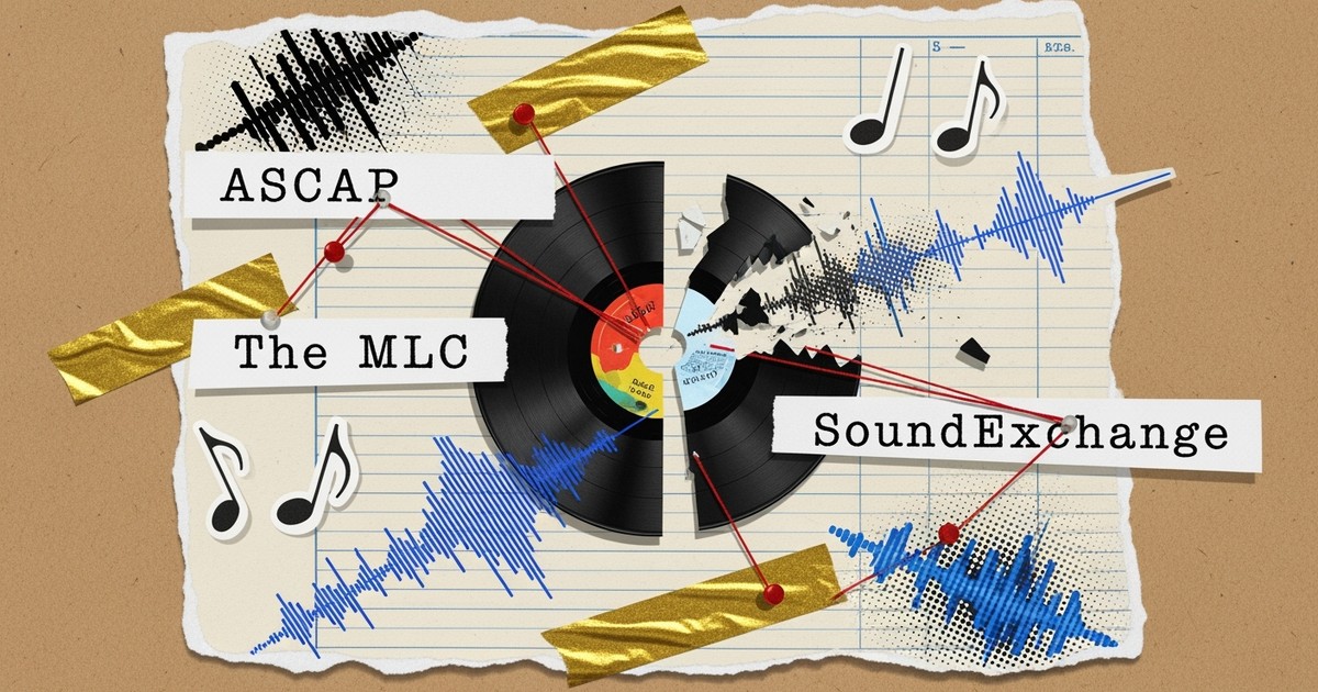 Mixed-media collage featuring a fractured vinyl record connected by red thread to torn paper scraps labeled ASCAP, The MLC, and