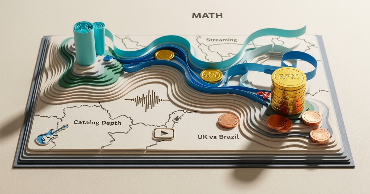 Intricate paper craft illustration showing ribbons of blue paper flowing across a map and transforming into gold coins of varying sizes to