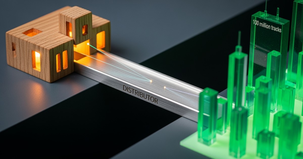 Macro photo of a conceptual architectural model where a metal bridge labeled DISTRIBUTOR connects a small wooden house to a glowing green