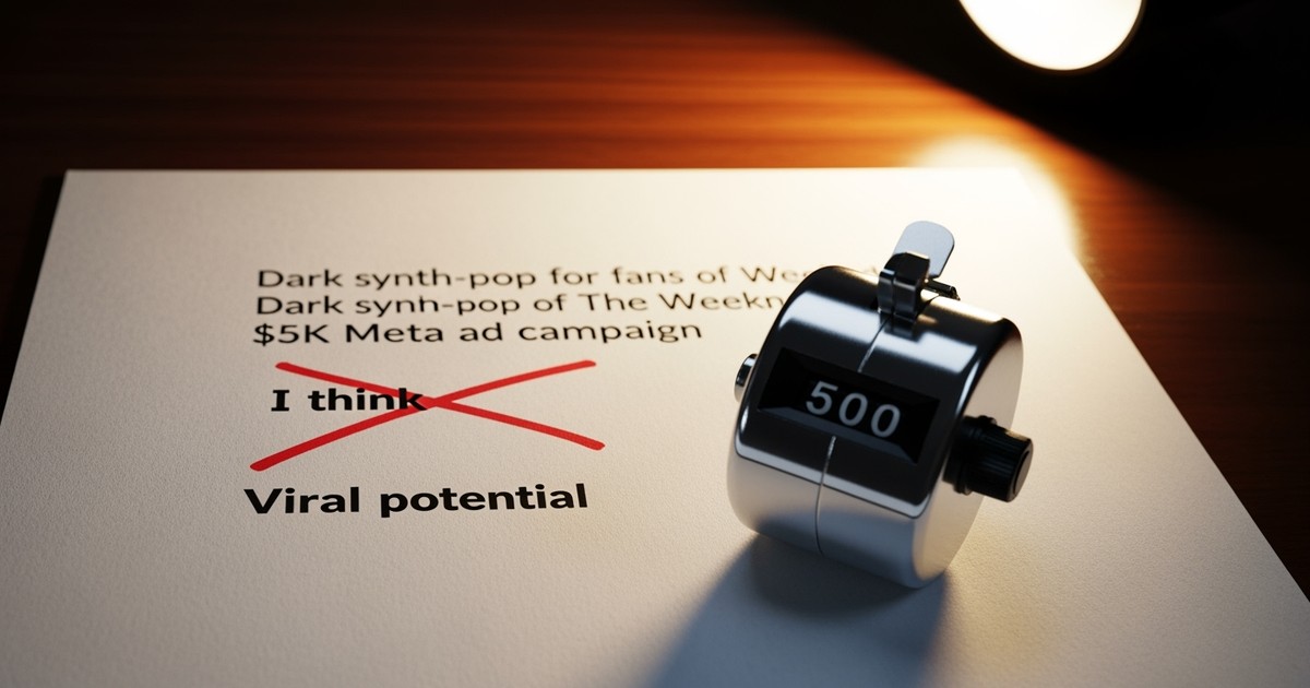 Macro photo of a pitch draft on a desk with red ink edits and a vintage chrome tally counter displaying the number 500.