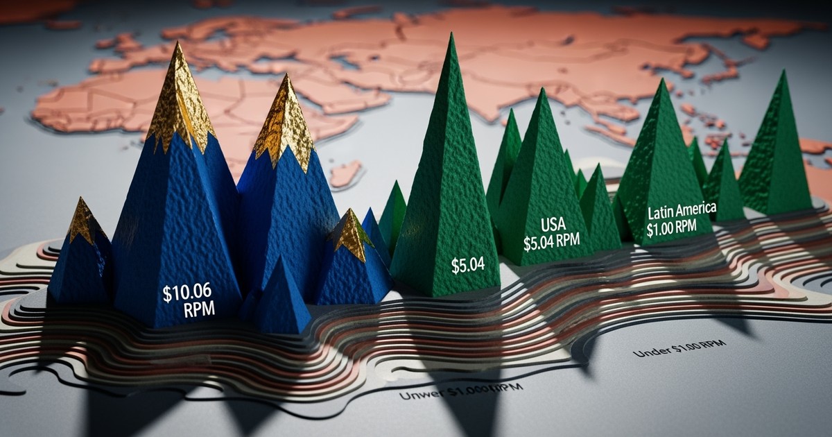 Macro photograph of an intricate paper-craft landscape with tall gold-foiled peaks representing high-value markets towering over a vast sea