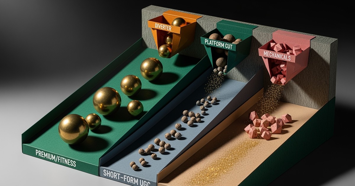 A detailed paper-craft diorama showing brass spheres and fine dust flowing down layered cardstock ramps, representing the disparity between