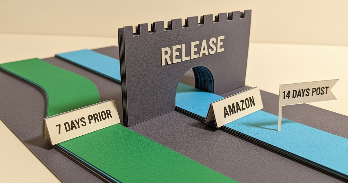 A layered paper-craft diorama showing a green path blocked by a barrier before release day, while a blue path extends 14 days past it.