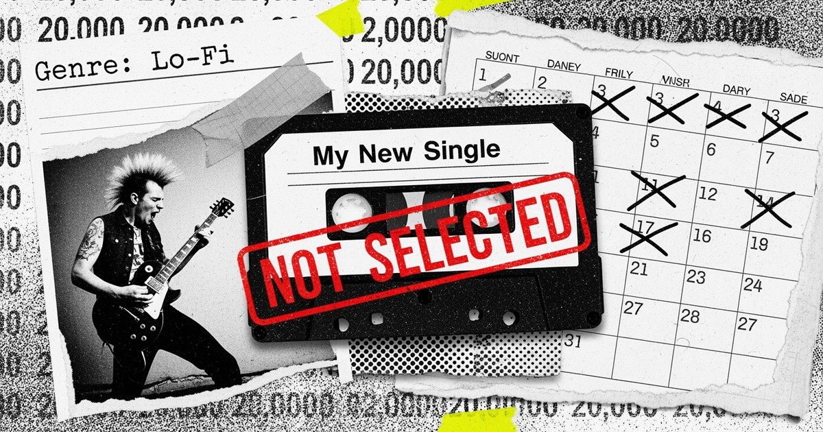 A gritty mixed-media collage showing a demo tape stamped NOT SELECTED amidst a chaotic pile of torn submission forms and calendar pages.