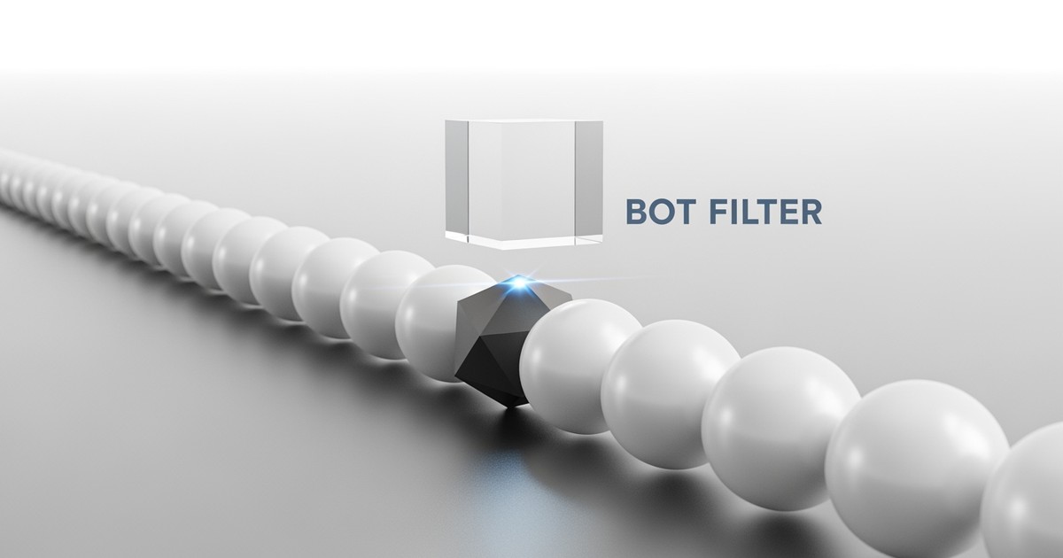 A minimalist 3D render of smooth white spheres on a conveyor, where a glass lens identifies a single jagged, dark cube labeled BOT FILTER.