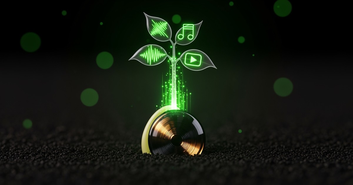 Macro shot of a tiny vinyl record acting as a seed in dark soil, sprouting a glowing neon vine of sound waves, surrounded by matching bokeh