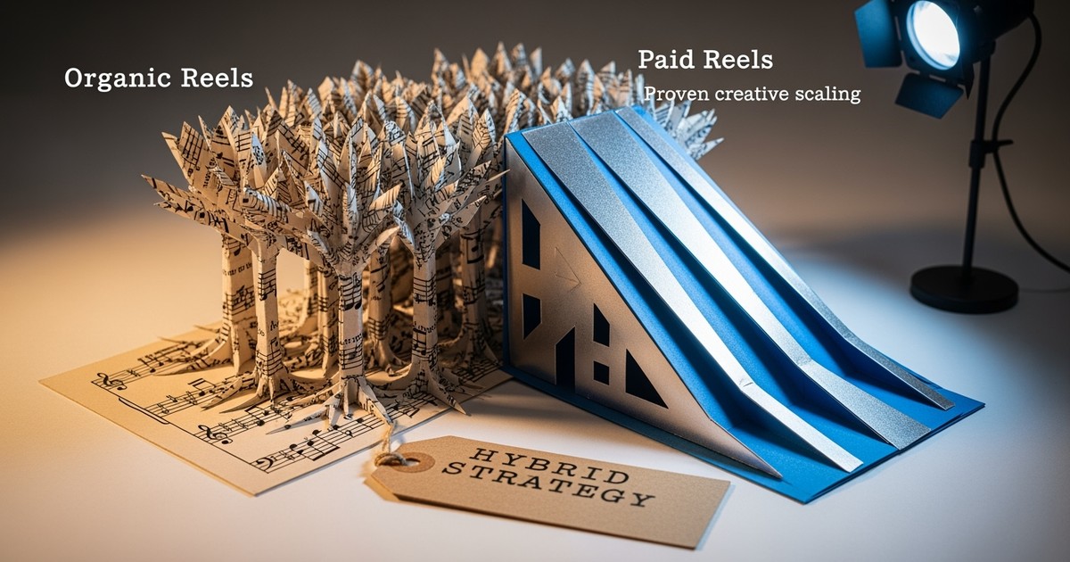 Paper craft diorama contrasting growing sheet-music trees (organic) with a sleek metallic launch ramp (paid) for music marketing strategies.