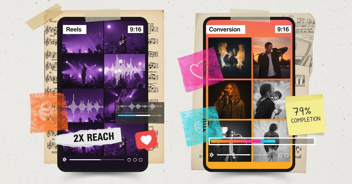 A mixed-media collage featuring two vertical phone-shaped pillars, one representing fast-paced Reels with motion blur and the other