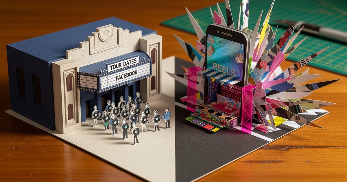 A detailed paper craft diorama features a classic navy blue concert hall labeled TOUR DATES on the left and a vibrant holographic festival