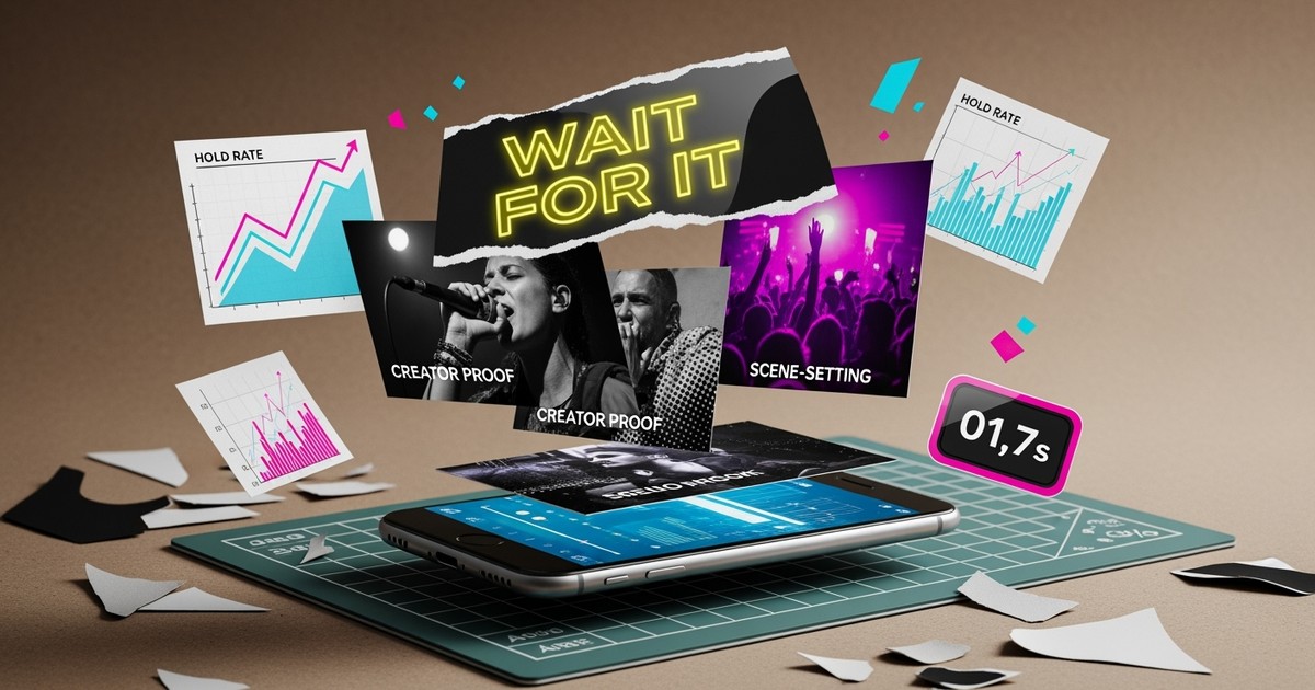 A dynamic mixed-media collage deconstructing a social media video ad into layers of text, vocalist photos, and analytics metrics like 'Hold