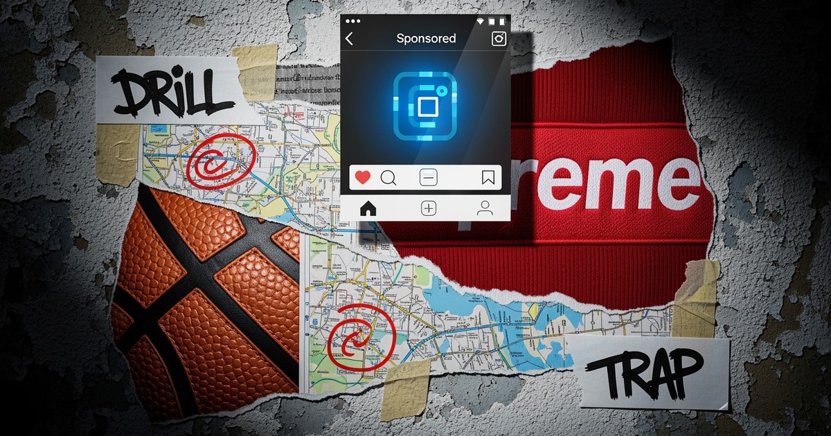 A gritty mixed-media collage showing torn maps of Chicago, basketball textures, and streetwear fabrics layered under a digital Instagram ad