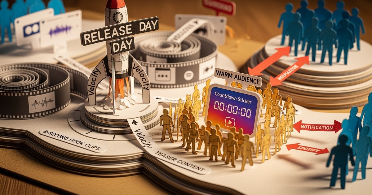 An intricate paper craft diorama visualizing a music marketing strategy with a central rocket, paper countdown clock, and color-coded