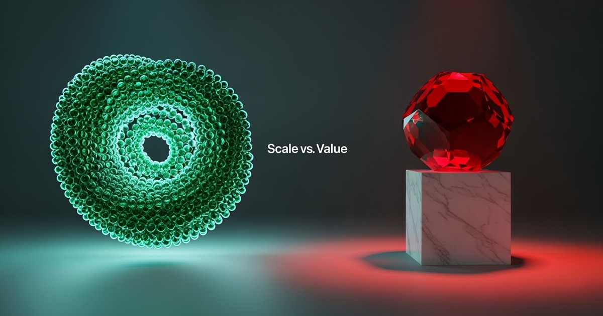 A surreal 3D art piece contrasting a massive swarm of tiny green spheres representing algorithmic scale against a single large red gem