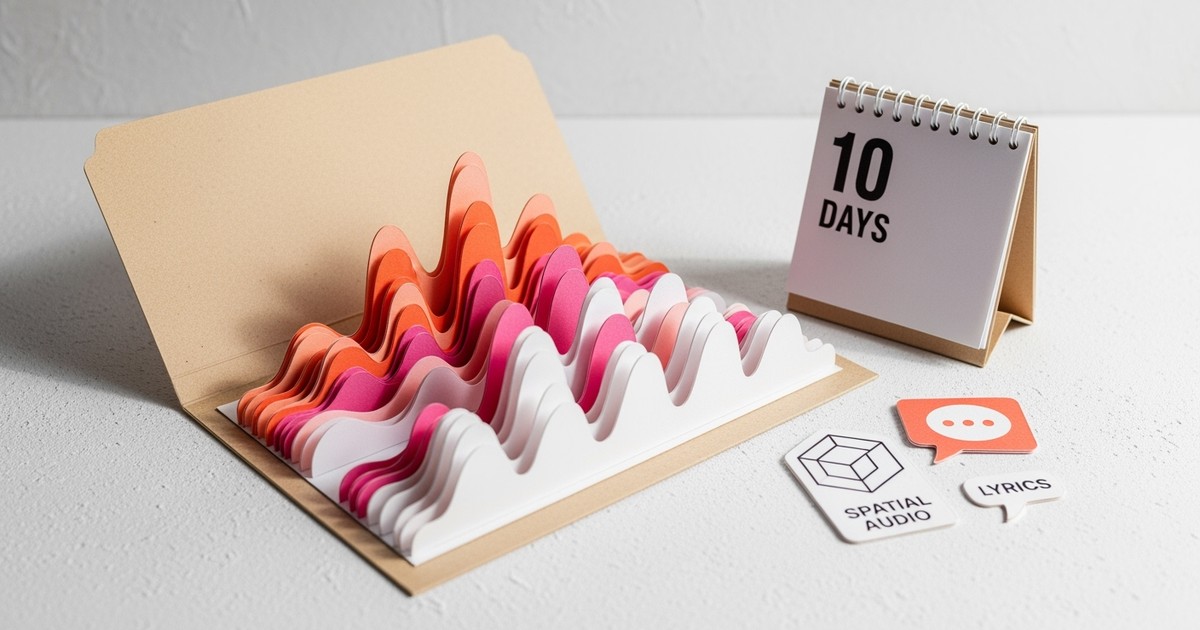 A detailed paper-craft diorama showing a music pitch folder with layered paper sound waves, spatial audio icons, and a calendar marked 10
