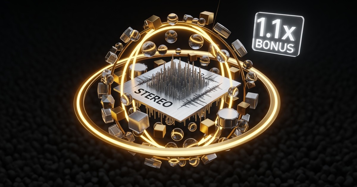 A surreal 3D abstract sculpture showing flat silver audio waves exploding outward into a spherical constellation of golden objects, labeled